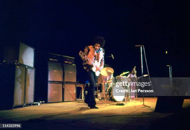 10th JANUARY: Jimi Hendrix performs live on stage at Falkoner Centret in Copenhagen, Denmark on 10th January 1969.