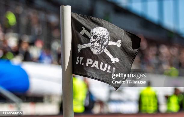 Corner flag with the logo of FC St. Pauli is seen prior to the Second Bundesliga match between FC St. Pauli and VfL Bochum 1848 at Millerntor-Stadion...