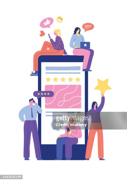 illustrazioni stock, clip art, cartoni animati e icone di tendenza di valutazione e feedback degli utenti - usare il telefono
