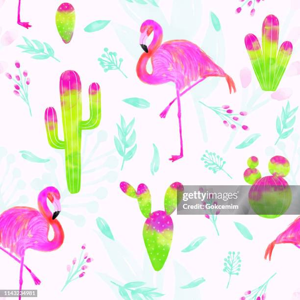 watercolor vector seamless pattern of pink flamingo and cacti with bright pink and green colors isolated on white background. tropical background, summer concept. - flamingo bird stock illustrations