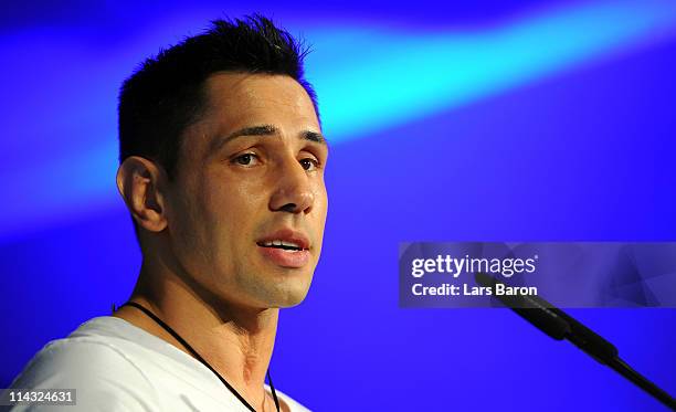 Felix Sturm of Germany speeks to the media during the Felix Sturm v Matthew Macklin press conference at Hotel Im Wasserturm on May 18, 2011 in...