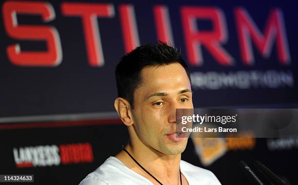 Felix Sturm of Germany speeks to the media during the Felix Sturm v Matthew Macklin press conference at Hotel Im Wasserturm on May 18, 2011 in...