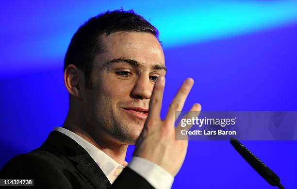 Matthew Macklin of Ireland gestures during the Felix Sturm v Matthew Macklin press conference at Hotel Im Wasserturm on May 18, 2011 in Cologne,...