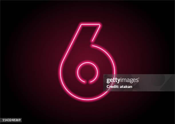 nummer 6 rotes neonlicht auf schwarzer wand - neon numbers stock-grafiken, -clipart, -cartoons und -symbole