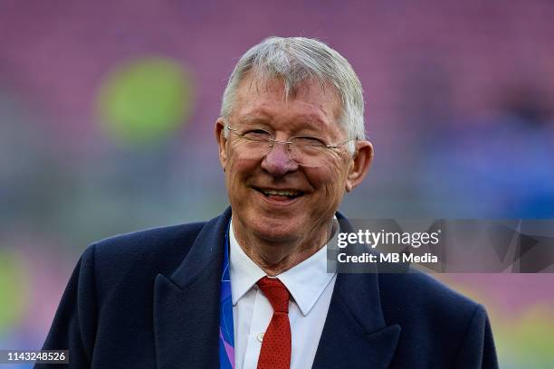 Former head coach of Manchester United Alex Ferguson looks on prior to the UEFA Champions League Quarter Final second leg match between FC Barcelona...