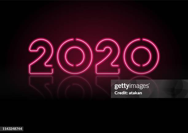 2020 rotes neonlicht auf schwarzer wand - 2020 stock-grafiken, -clipart, -cartoons und -symbole