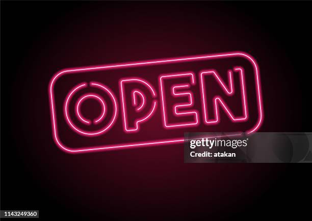 stockillustraties, clipart, cartoons en iconen met open teken rood neon licht op zwarte muur - bord open