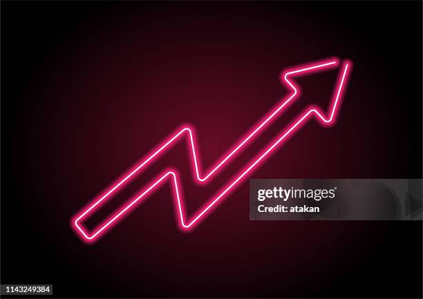 arrow sign red neon light on black wall - upward curve stock illustrations