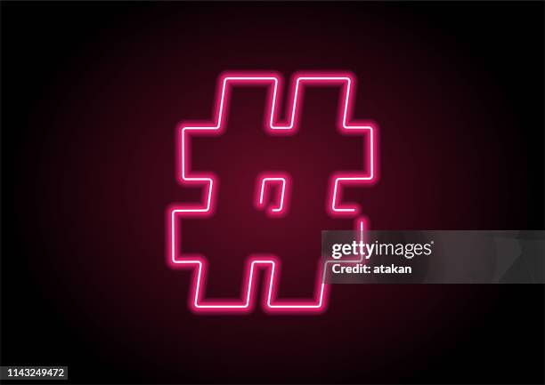 illustrazioni stock, clip art, cartoni animati e icone di tendenza di hashtag luce al neon rossa sulla parete nera - hashtag