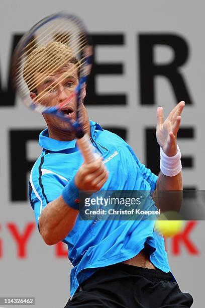 Daniel Gimeno-Traver of Spain plays a forehand in the blue group during the match between Philipp Kohlschreiber of Germany and Daniel Gimeno-Traver...