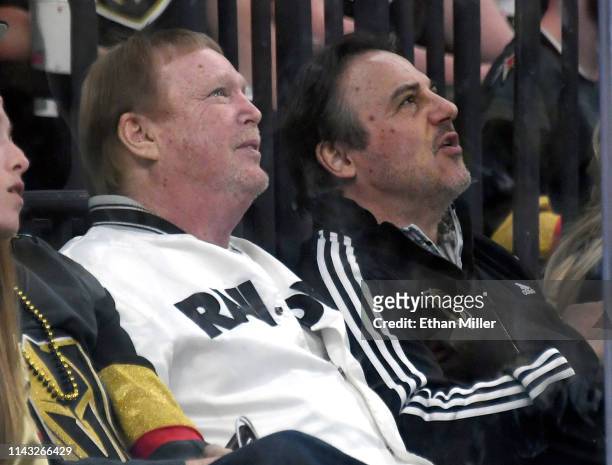 Oakland Raiders owner and managing general partner Mark Davis and Vegas Golden Knights minority owner Gavin Maloof attend Game Four of the Western...