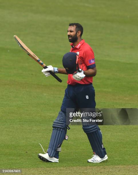 Essex batsman Varun Chopra reaches his century during the Royal London One Day Cup match between Glamorgan and Essex at Sophia Gardens on April 17,...