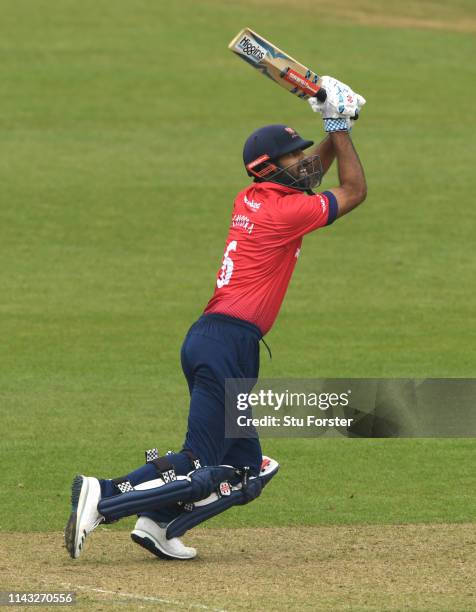 Essex batsman Varun Chopra hits a ball to the boundary during the Royal London One Day Cup match between Glamorgan and Essex at Sophia Gardens on...