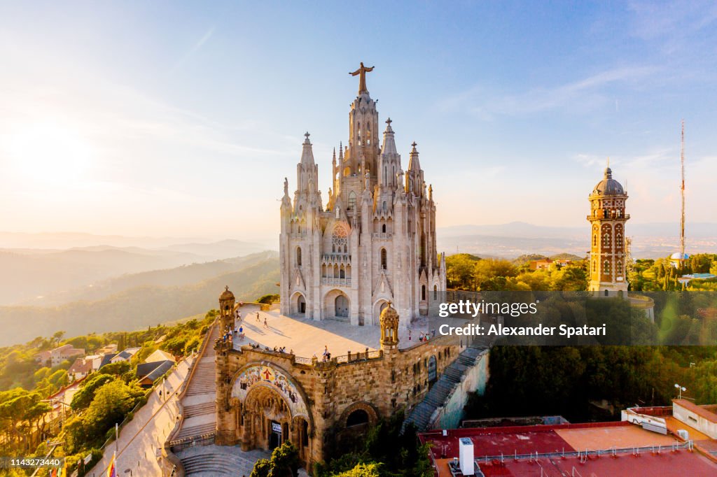 Aerial view of Barcelona skyline with Sagrat Cor temple, Catalonia, Spain