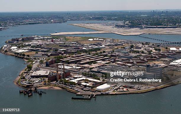 An aerial view of the Rikers Island prison is seen September 24, 2010 in the Bronx borough of New York City. International Monetary Fund chief...