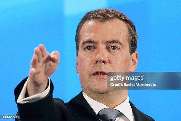 Russian President Dmitry Medvedev takes questions from journalists during a press conference on May 18, 2011 in Skolkovo, Russia. In his biggest...