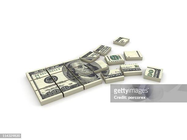 illustration of a stack of $100 bills broken in squares - breaking apart stock pictures, royalty-free photos & images