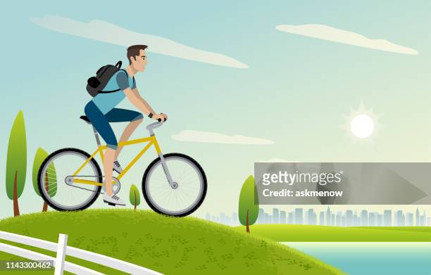 mann auf dem fahrrad - fahrrad fahren stock-grafiken, -clipart, -cartoons und -symbole