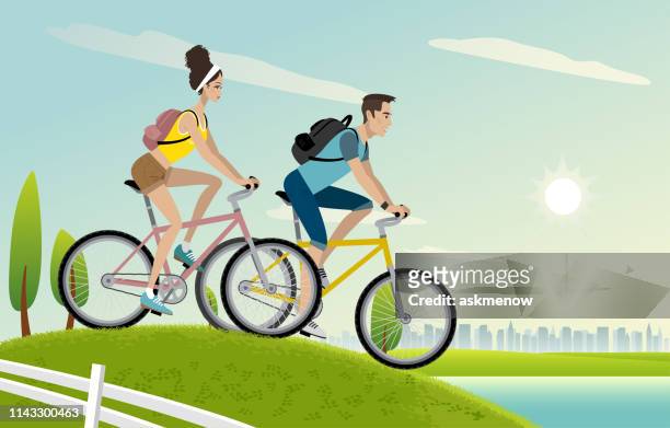 ilustrações, clipart, desenhos animados e ícones de bicicletas novas da equitação dos pares - early homo sapiens