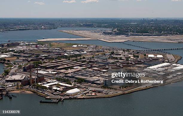 An aerial view of the Rikers Island prison is seen September 24, 2010 in the Bronx borough of New York City. International Monetary Fund chief...