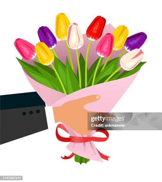 stockillustraties, clipart, cartoons en iconen met man handen houden van een boeket van tulpen - bouquet