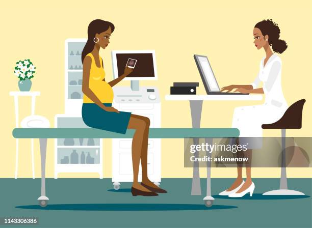 pregnant woman at doctor's - brazilian ethnicity stock illustrations