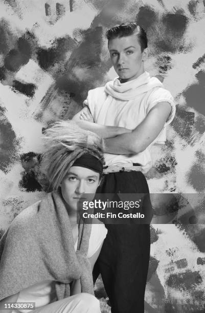 Bill Macrae and future comedian Ricky Gervais from Seona Dancing posed together in a studio in London in August 1983.