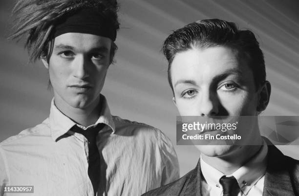 Bill Macrae and future comedian Ricky Gervais from Seona Dancing posed together in a studio in London in August 1983.