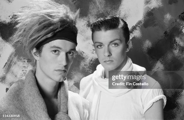 Bill Macrae and future comedian Ricky Gervais from Seona Dancing posed together in a studio in London in August 1983.