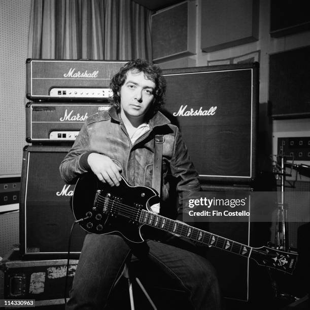 Guitarist Bernie Marsden from the band Whitesnake posed with guitar and Marshall amplifiers in Acton, London in October 1983.