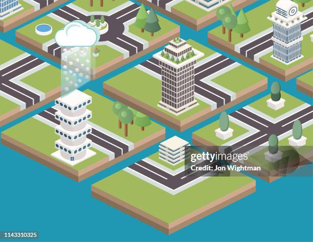 isometric modular city tiles - isometric cloud building stock illustrations