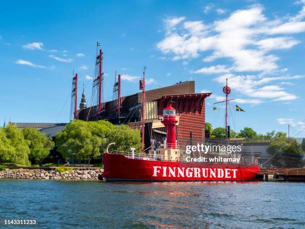 finngrundet museum lightship and vasa museum at djurgården, stockholm harbour - vasa museum stock pictures, royalty-free photos & images