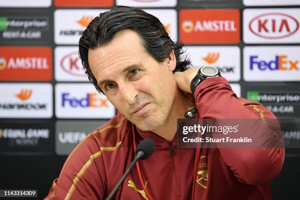 Unai Emery, Manager of Arsenal speaks to the media during an Arsenal press conference ahead of their UEFA Europa League quarter-final second leg...