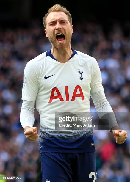 Christian Eriksen of Tottenham Hotspur celebrates scoring their 2nd goal during the Premier League match between Tottenham Hotspur and Everton FC at...