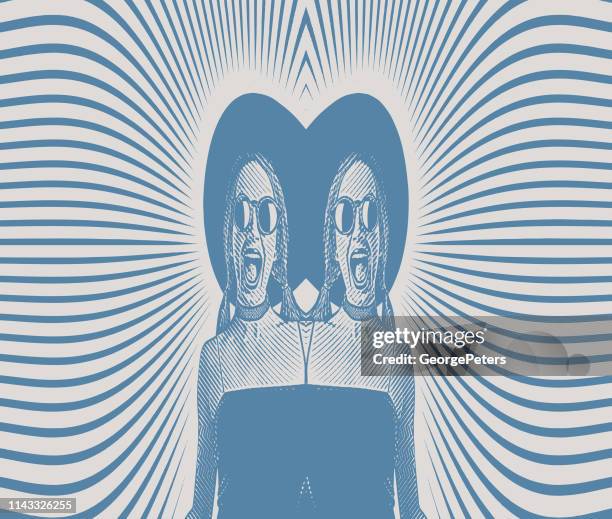 mirrored image of a cheerful identical twins - identical twins stock illustrations