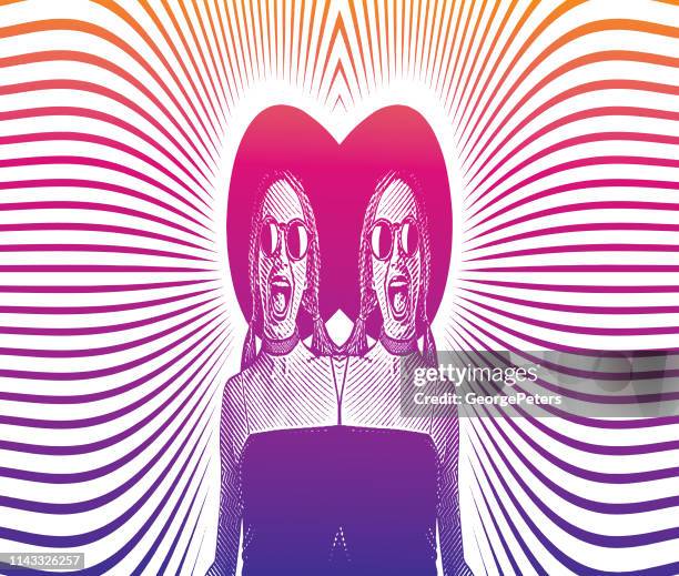 mirrored image of a cheerful identical twins - identical twins stock illustrations