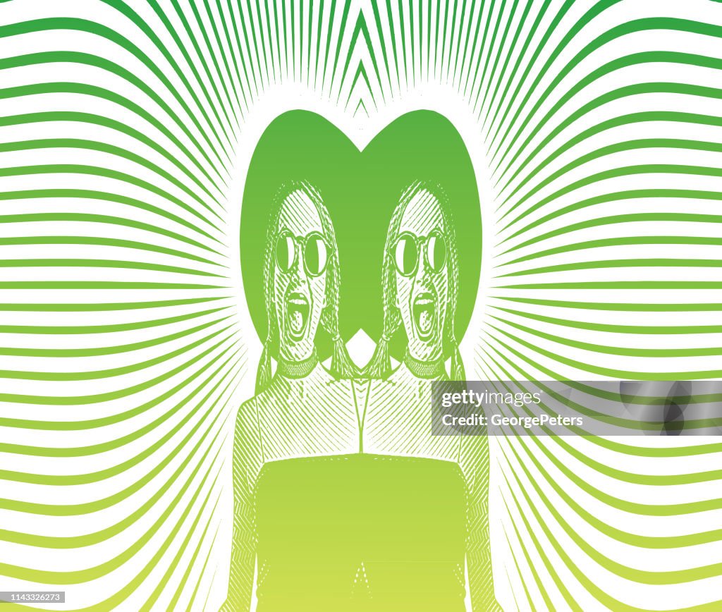 Mirrored image of a Cheerful identical twins