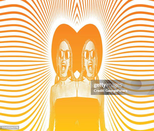 mirrored image of a cheerful identical twins - identical twins stock illustrations