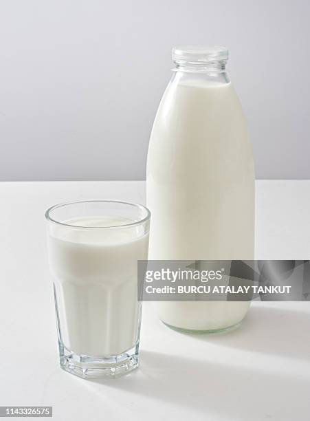 a glass and a bottle of milk - milk bottle foto e immagini stock