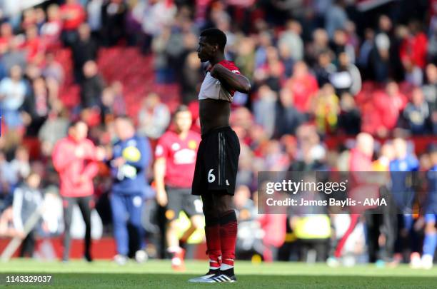 Paul Pogba of Manchester United reacts after the Premier League match between Manchester United and Cardiff City at Old Trafford on May 12, 2019 in...