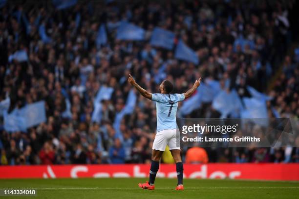 Raheem Sterling of Manchester City celebrates after scoring his team's first goal during the UEFA Champions League Quarter Final second leg match...