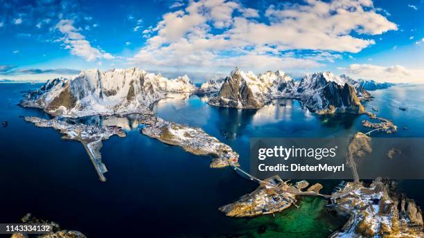 aerial panoramic view of reine, lofoten in norway - sunny arctic day, xxxl panorama - snow world stock pictures, royalty-free photos & images