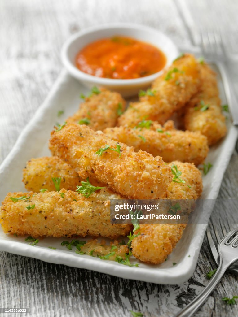 Breaded Cheddar Cheese Sticks with Marinara Dipping Sauce
