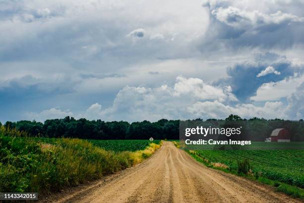 diminishing perspective of dirt road amidst agricultural landscape against cloudy sky - michigan farm stock pictures, royalty-free photos & images