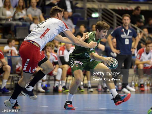 Gunnar Dientrich of the Eulen Ludwigshafen and Jacob Tandrup Holm of the Fuechse Berlin during the match between the Fuechse Berlin and the Eulen...