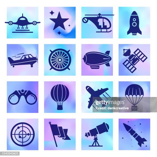 astronomy & space travel holographic style vector icon set - aerospace industry technology stock illustrations