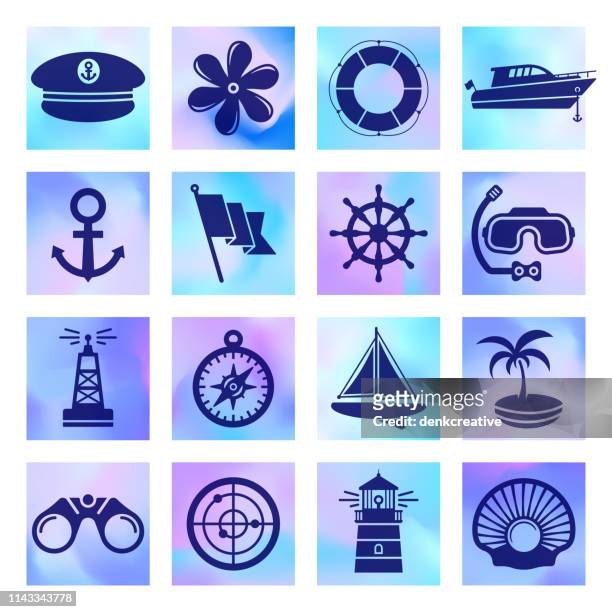 nautical & maritime club holographic style vector icon set - yacht club stock-grafiken, -clipart, -cartoons und -symbole