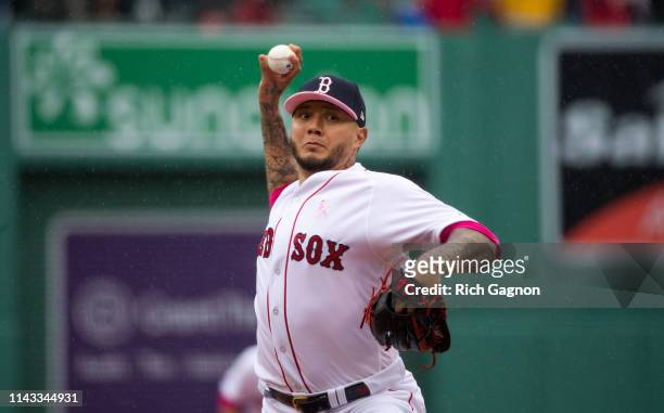 Hector Velazquez of the Boston Red Sox pitches during the first inning against the Seattle Mariners at Fenway Park on May 12, 2019 in Boston,...