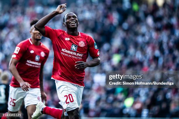 Anthony Ujah of Mainz celebrates a goal during the Bundesliga match between Eintracht Frankfurt and 1. FSV Mainz 05 at Commerzbank-Arena on May 12,...