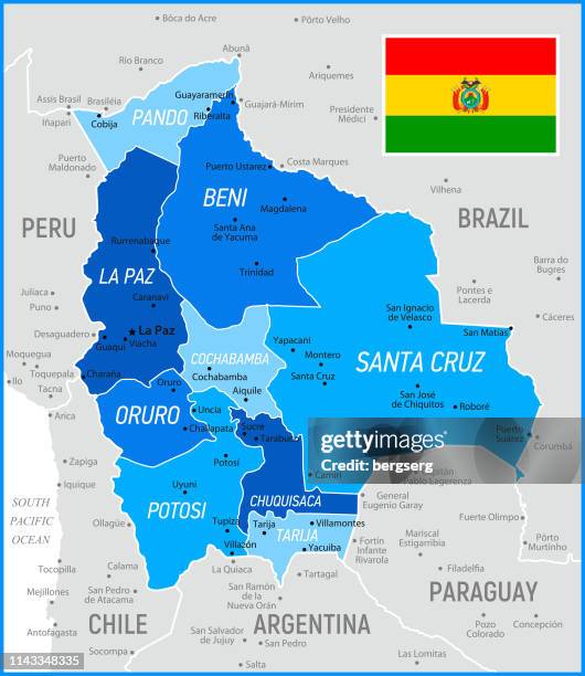 bolivia map with national flag and provinces. vector illustration - santa cruz bolivia stock illustrations
